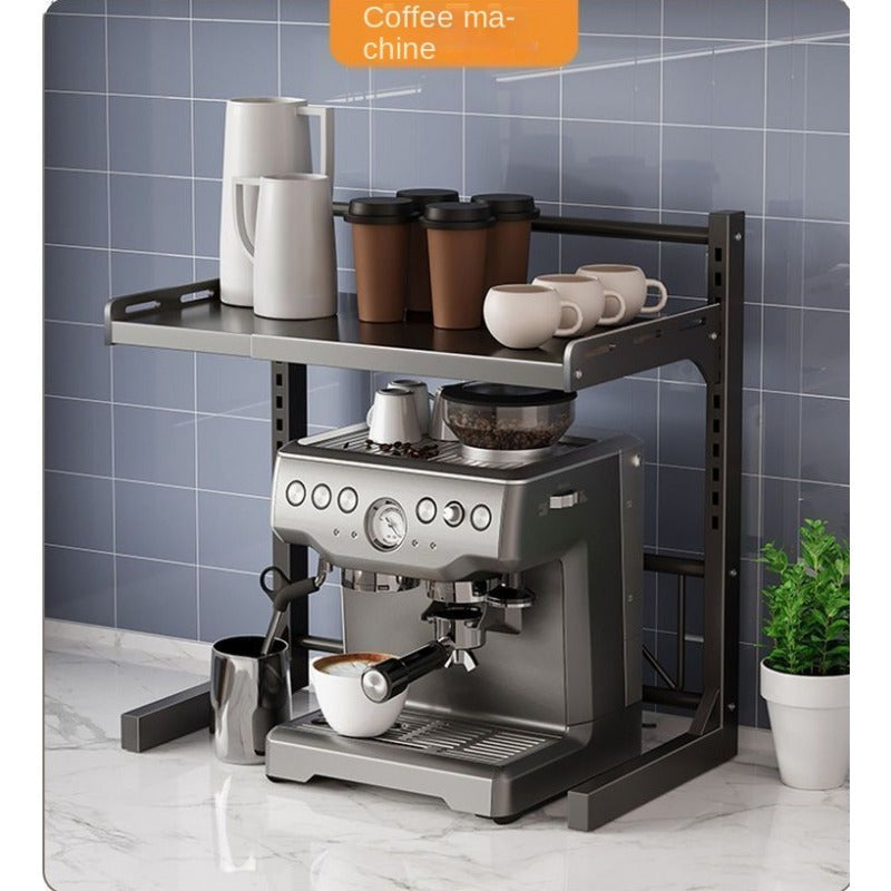 Organize your kitchen with our multi-layered rack made of durable cast iron and metal tubing. This expandable shelf is perfect for storing your microwave and other appliances without the need for wood or power. Elevate your kitchen with this sleek metal