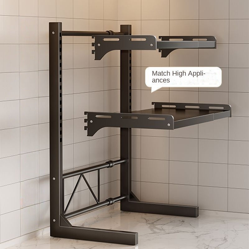 Organize your kitchen with our multi-layered rack made of durable cast iron and metal tubing. This expandable shelf is perfect for storing your microwave and other appliances without the need for wood or power. Elevate your kitchen with this sleek metal