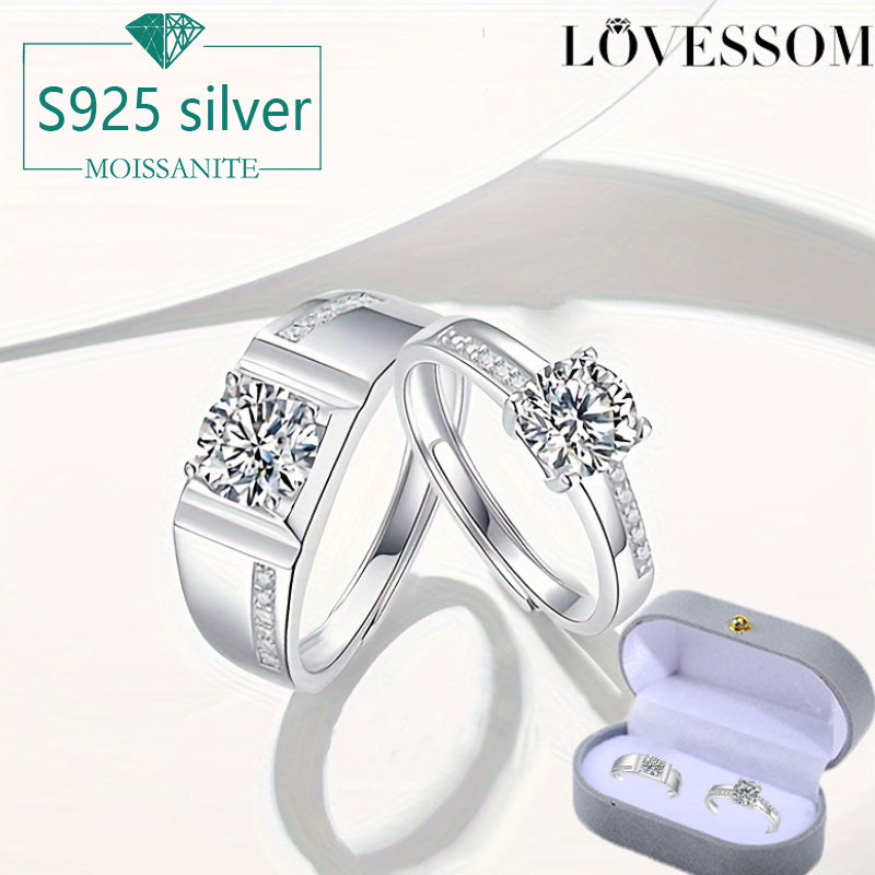 Vintage classic style 925 sterling silver moissanite couple rings, perfect for weddings, engagements, anniversaries, or as a New Year gift. Comes in a gift box, weighing approximately 6g. Featuring a love pool design, this fashion trend piece is sure to