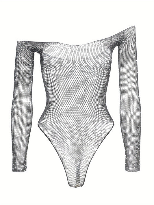 Rhinestone bodysuit for women without lingerie or underpants, featuring a stylish charm design.