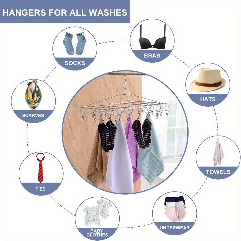 Hanging Clothes Dryer made of Stainless Steel with 35 Clips, Space-Saving Design, Windproof Metal Hanger with Swivel Hook for Indoor & Outdoor Drying