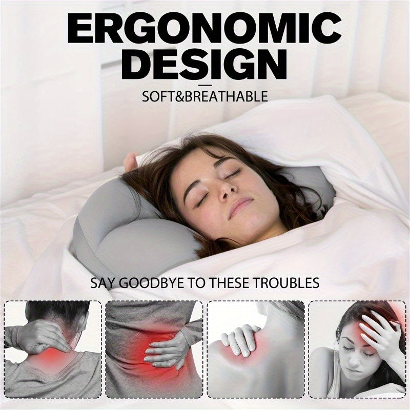 Medium firm polyester neck support pillow designed for sleeping, featuring an ergonomic egg shape. Lightweight with a 3D design and a non-woven fabric cover that can be spot-cleaned. Provides all-round comfort for both side and back sleepers. Portable