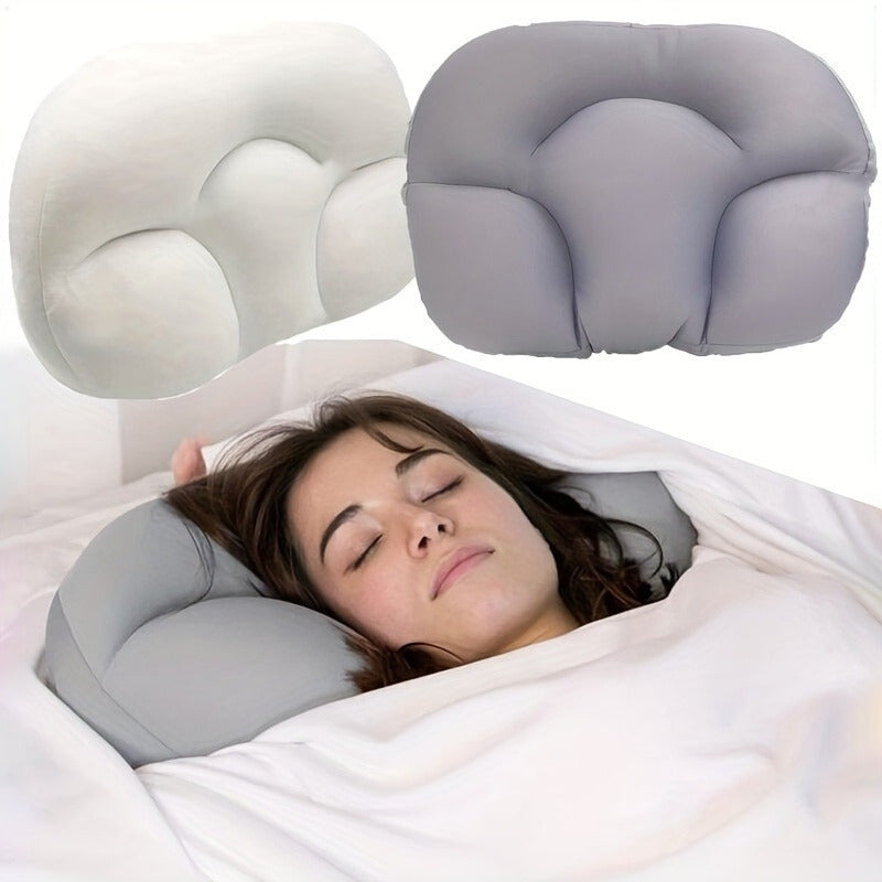 Medium firm polyester neck support pillow designed for sleeping, featuring an ergonomic egg shape. Lightweight with a 3D design and a non-woven fabric cover that can be spot-cleaned. Provides all-round comfort for both side and back sleepers. Portable