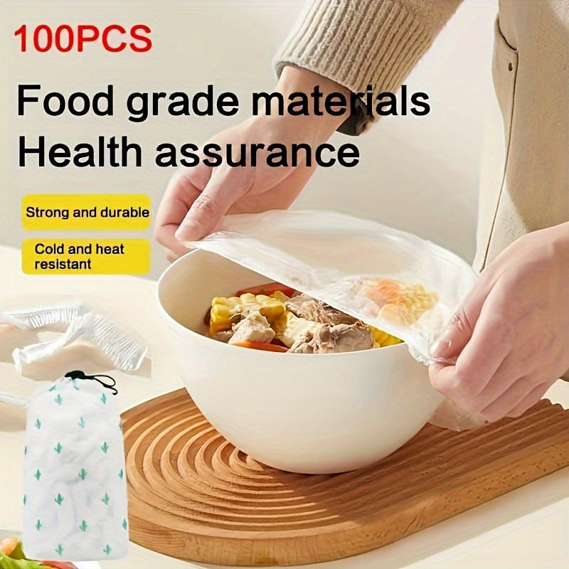 100 pieces of high-quality disposable cling film - effectively prevents leaks and dust, ideal for covering leftovers, fruits, and vegetables. Made from durable HDPE/LDPE plastic wrap with an elastic edge for a secure fit.