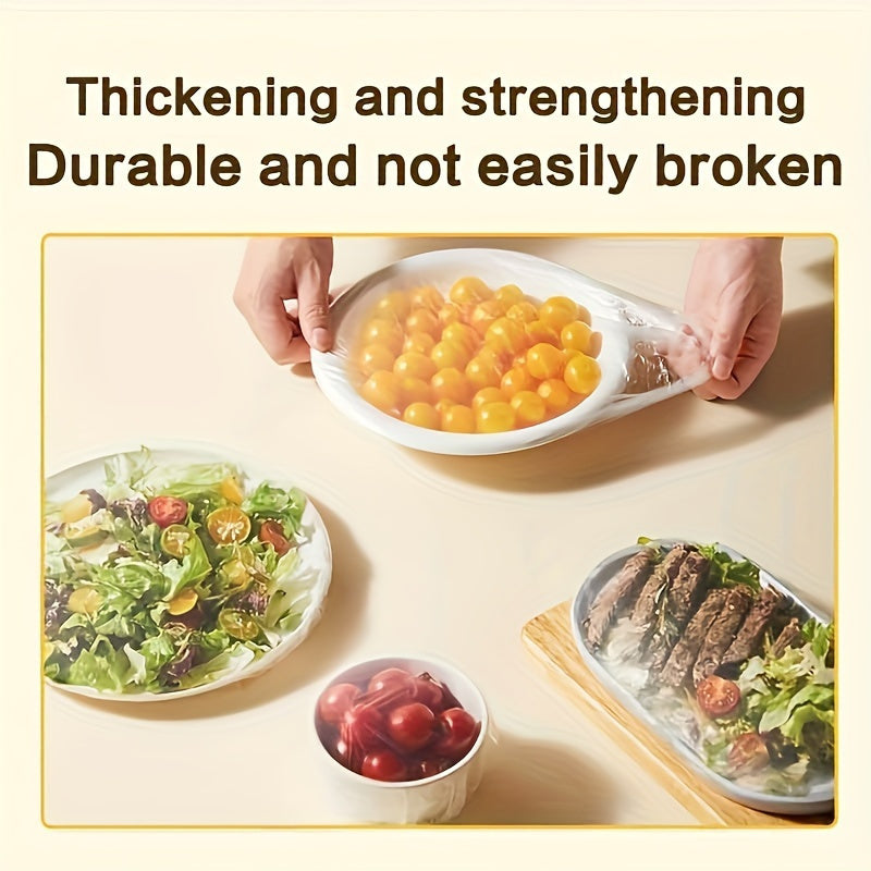 100 pieces of high-quality disposable cling film - effectively prevents leaks and dust, ideal for covering leftovers, fruits, and vegetables. Made from durable HDPE/LDPE plastic wrap with an elastic edge for a secure fit.