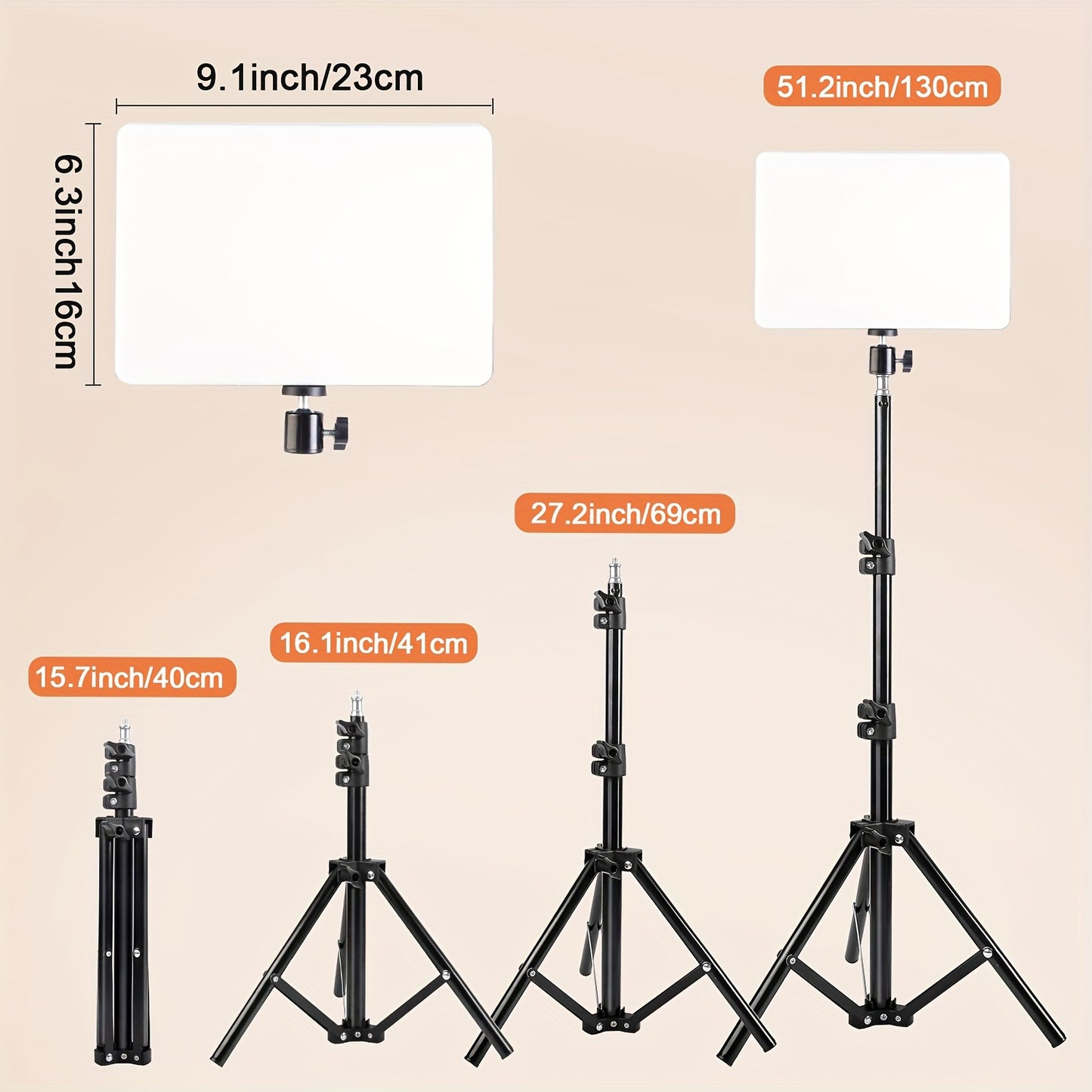 10-inch LED Flat Panel with adjustable 43-inch tripod stand, USB powered, dimmable with 3 color modes and 10 brightness levels for photography, live streaming, and studios.