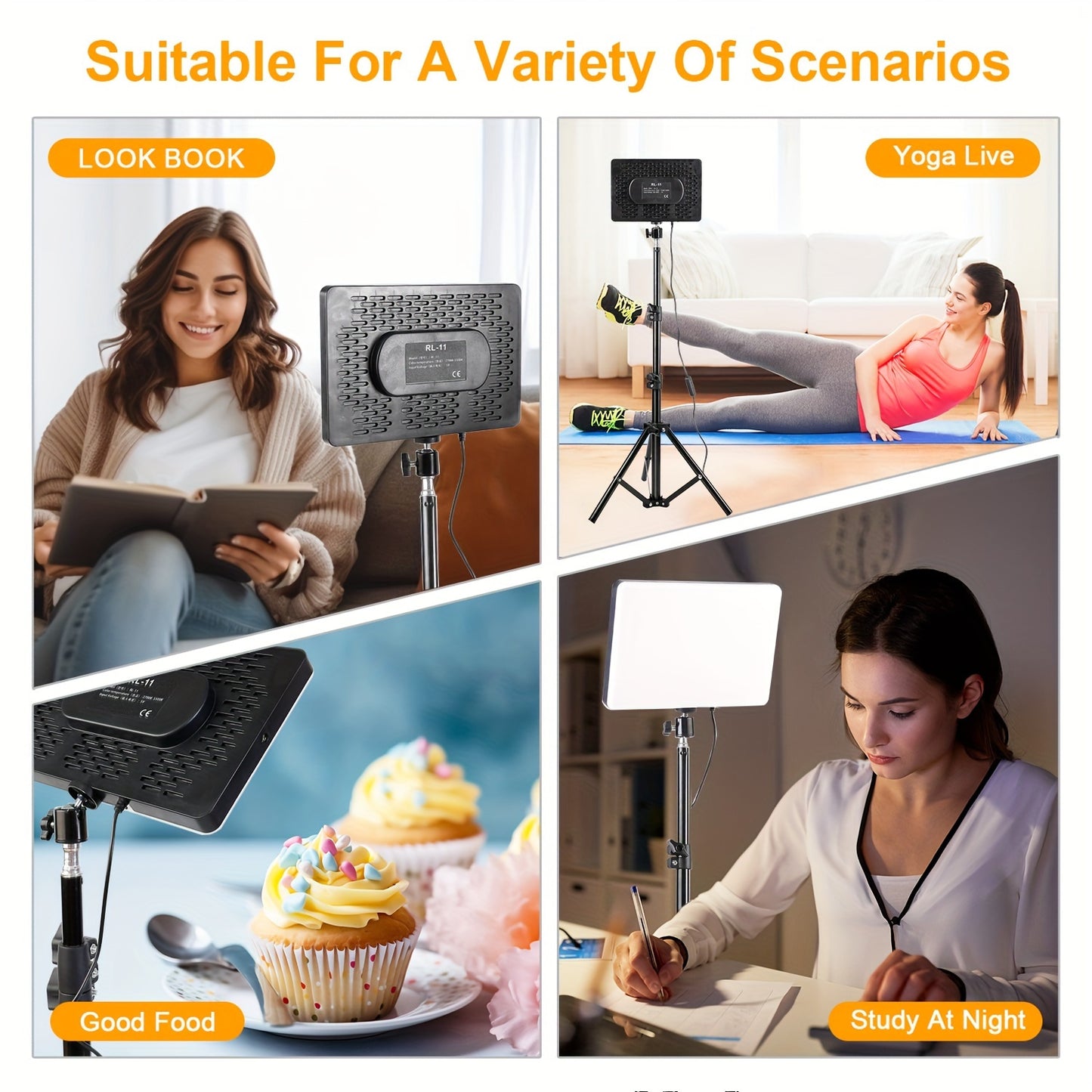 10-inch LED Flat Panel with adjustable 43-inch tripod stand, USB powered, dimmable with 3 color modes and 10 brightness levels for photography, live streaming, and studios.