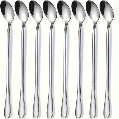 8 Stainless Steel Spoons - Extra Long and Durable Handles for Easy Reach, Great for Stirring and Scooping Iced Tea, Coffee, and Ice Cream, Essential Kitchen Items for Multiple Uses.