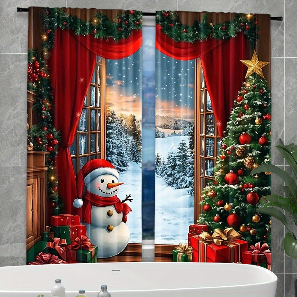 Set of 2 Festive Christmas Curtains featuring Santa & Snowman on Rustic Wooden Background, with Xmas Tree & Gifts Design - Made of Semi-Transparent Polyester, Easy Rod Pocket Hanging for Holiday Parties & Winter Celebrations, Perfect Christmas Decorations