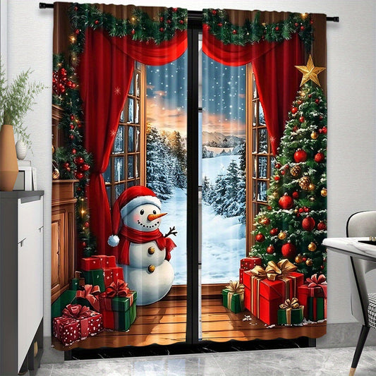 Set of 2 Festive Christmas Curtains featuring Santa & Snowman on Rustic Wooden Background, with Xmas Tree & Gifts Design - Made of Semi-Transparent Polyester, Easy Rod Pocket Hanging for Holiday Parties & Winter Celebrations, Perfect Christmas Decorations