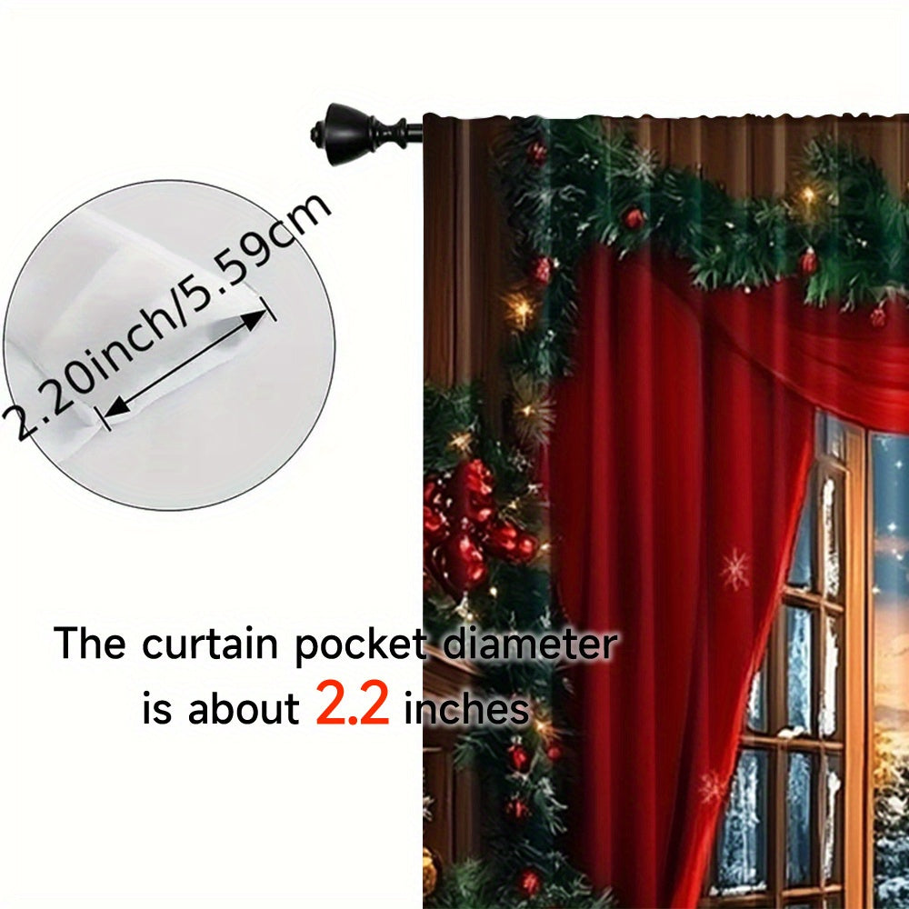 Set of 2 Festive Christmas Curtains featuring Santa & Snowman on Rustic Wooden Background, with Xmas Tree & Gifts Design - Made of Semi-Transparent Polyester, Easy Rod Pocket Hanging for Holiday Parties & Winter Celebrations, Perfect Christmas Decorations