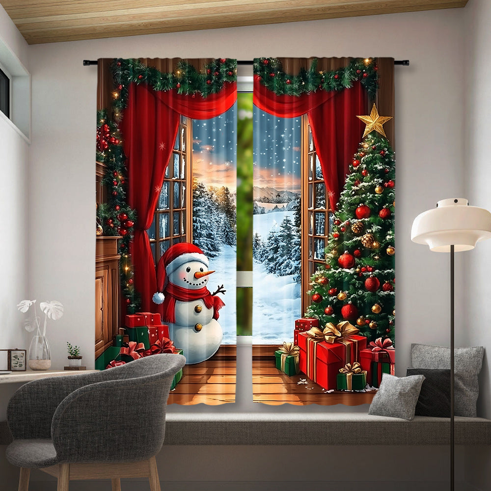 Set of 2 Festive Christmas Curtains featuring Santa & Snowman on Rustic Wooden Background, with Xmas Tree & Gifts Design - Made of Semi-Transparent Polyester, Easy Rod Pocket Hanging for Holiday Parties & Winter Celebrations, Perfect Christmas Decorations