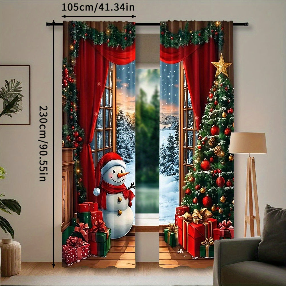 Set of 2 Festive Christmas Curtains featuring Santa & Snowman on Rustic Wooden Background, with Xmas Tree & Gifts Design - Made of Semi-Transparent Polyester, Easy Rod Pocket Hanging for Holiday Parties & Winter Celebrations, Perfect Christmas Decorations