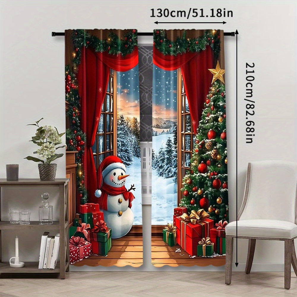 Set of 2 Festive Christmas Curtains featuring Santa & Snowman on Rustic Wooden Background, with Xmas Tree & Gifts Design - Made of Semi-Transparent Polyester, Easy Rod Pocket Hanging for Holiday Parties & Winter Celebrations, Perfect Christmas Decorations