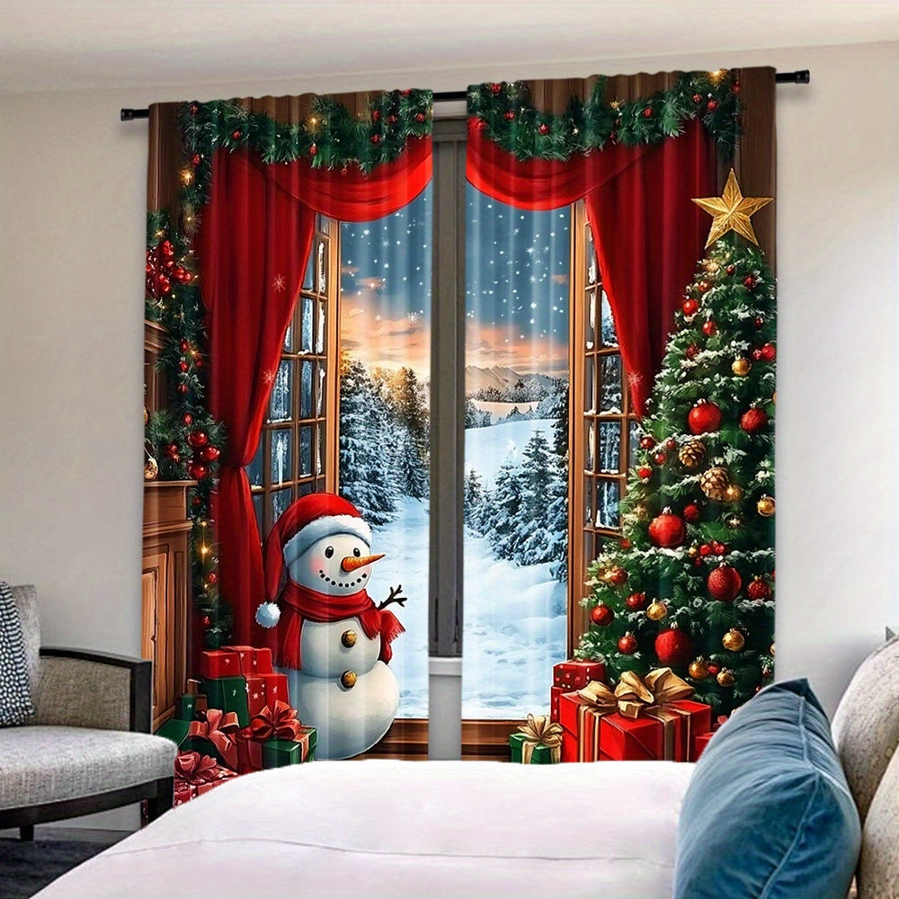 Set of 2 Festive Christmas Curtains featuring Santa & Snowman on Rustic Wooden Background, with Xmas Tree & Gifts Design - Made of Semi-Transparent Polyester, Easy Rod Pocket Hanging for Holiday Parties & Winter Celebrations, Perfect Christmas Decorations