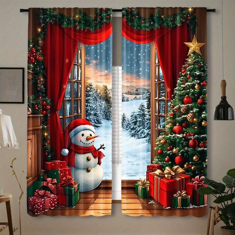 Set of 2 Festive Christmas Curtains featuring Santa & Snowman on Rustic Wooden Background, with Xmas Tree & Gifts Design - Made of Semi-Transparent Polyester, Easy Rod Pocket Hanging for Holiday Parties & Winter Celebrations, Perfect Christmas Decorations