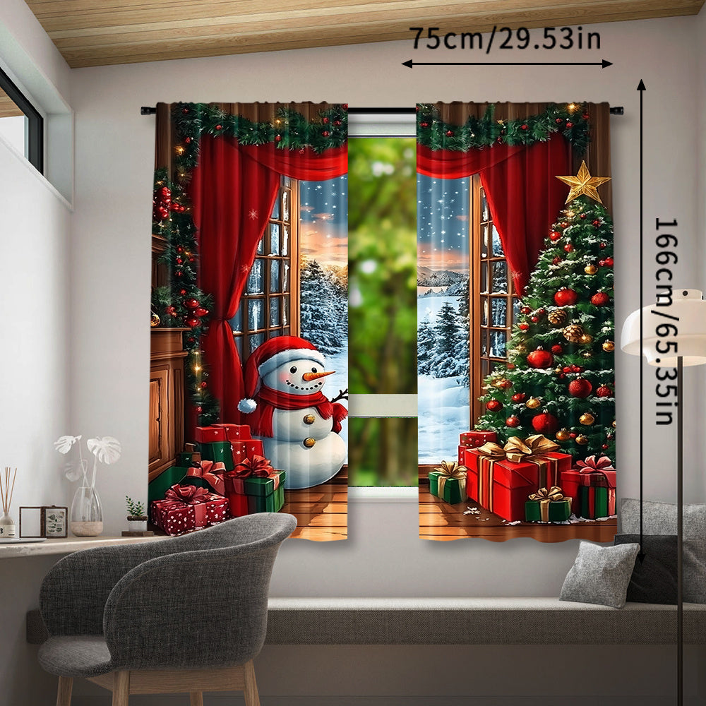 Set of 2 Festive Christmas Curtains featuring Santa & Snowman on Rustic Wooden Background, with Xmas Tree & Gifts Design - Made of Semi-Transparent Polyester, Easy Rod Pocket Hanging for Holiday Parties & Winter Celebrations, Perfect Christmas Decorations