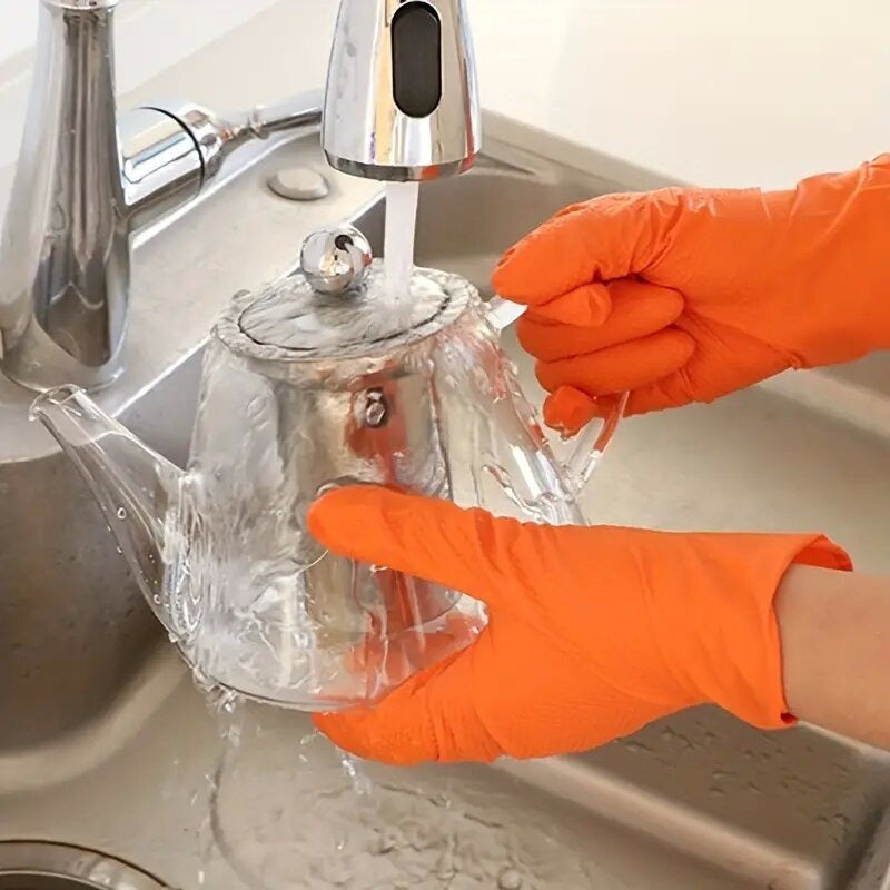 Orange Disposable Nitrile Gloves, available in packs of 30, 50, or 100. Perfect for various tasks such as kitchen cleaning, dishwashing, manicures, pet bathing, and food service. These gloves are latex-free and disposable for convenient wear.