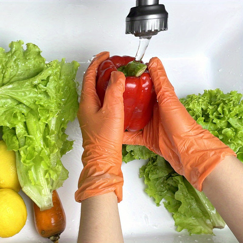 Orange Disposable Nitrile Gloves, available in packs of 30, 50, or 100. Perfect for various tasks such as kitchen cleaning, dishwashing, manicures, pet bathing, and food service. These gloves are latex-free and disposable for convenient wear.