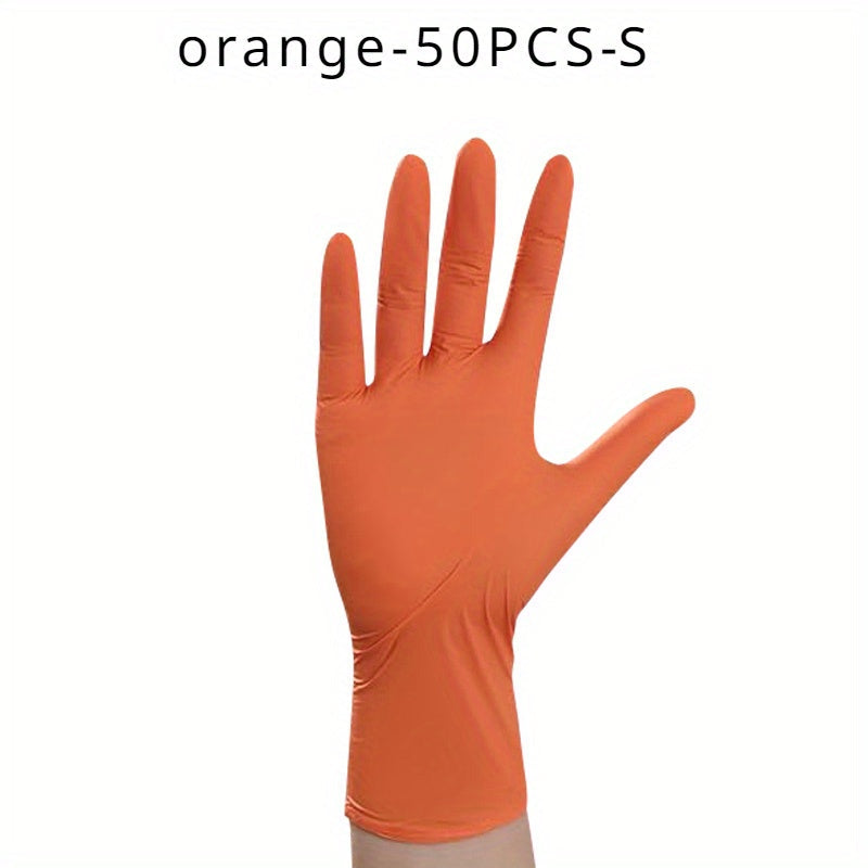 Orange Disposable Nitrile Gloves, available in packs of 30, 50, or 100. Perfect for various tasks such as kitchen cleaning, dishwashing, manicures, pet bathing, and food service. These gloves are latex-free and disposable for convenient wear.