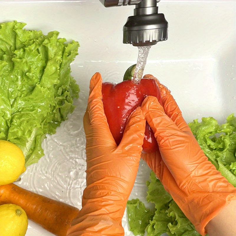 Orange Disposable Nitrile Gloves, available in packs of 30, 50, or 100. Perfect for various tasks such as kitchen cleaning, dishwashing, manicures, pet bathing, and food service. These gloves are latex-free and disposable for convenient wear.