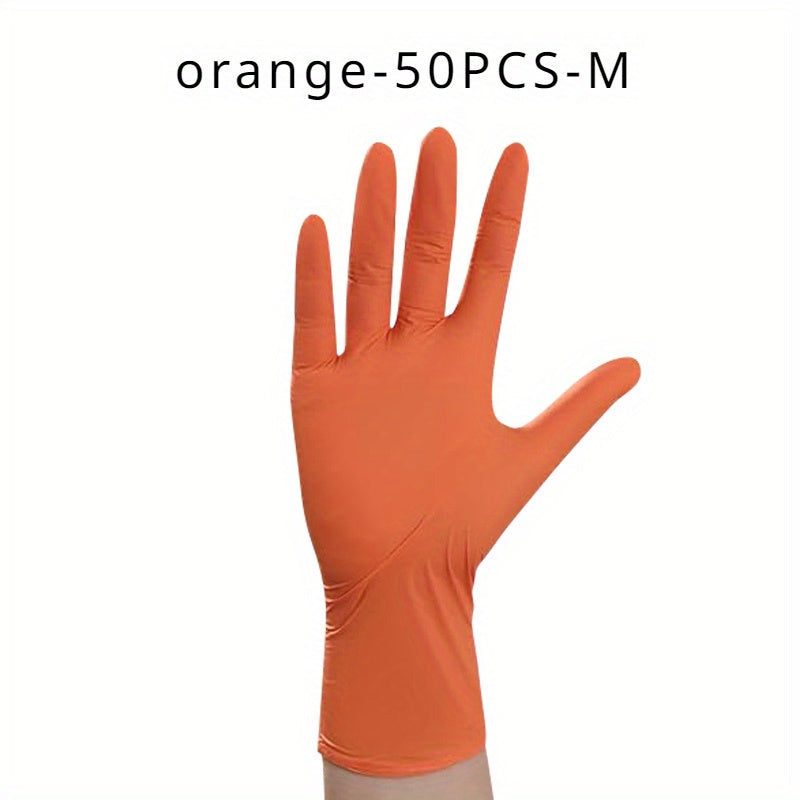 Orange Disposable Nitrile Gloves, available in packs of 30, 50, or 100. Perfect for various tasks such as kitchen cleaning, dishwashing, manicures, pet bathing, and food service. These gloves are latex-free and disposable for convenient wear.