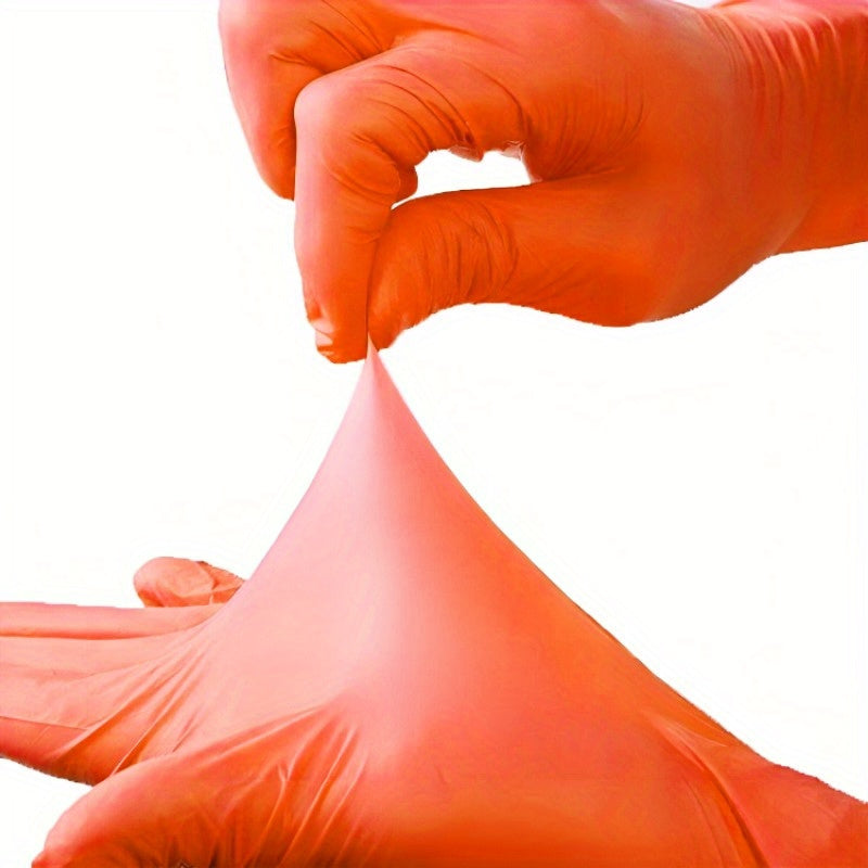 Orange Disposable Nitrile Gloves, available in packs of 30, 50, or 100. Perfect for various tasks such as kitchen cleaning, dishwashing, manicures, pet bathing, and food service. These gloves are latex-free and disposable for convenient wear.