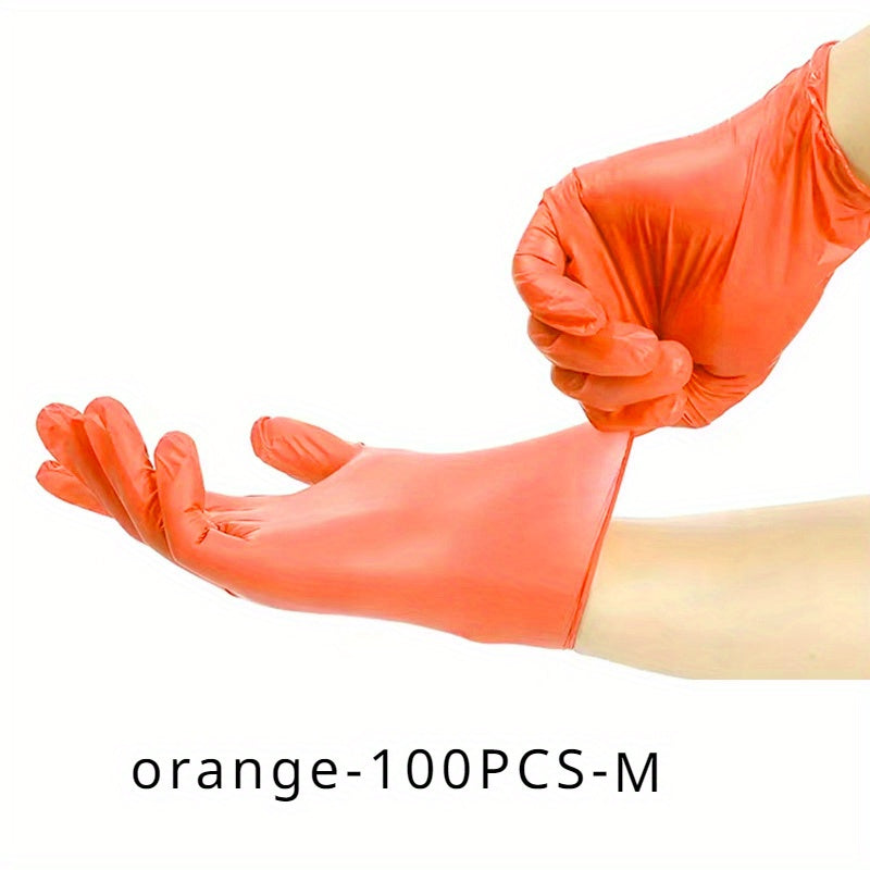 Orange Disposable Nitrile Gloves, available in packs of 30, 50, or 100. Perfect for various tasks such as kitchen cleaning, dishwashing, manicures, pet bathing, and food service. These gloves are latex-free and disposable for convenient wear.