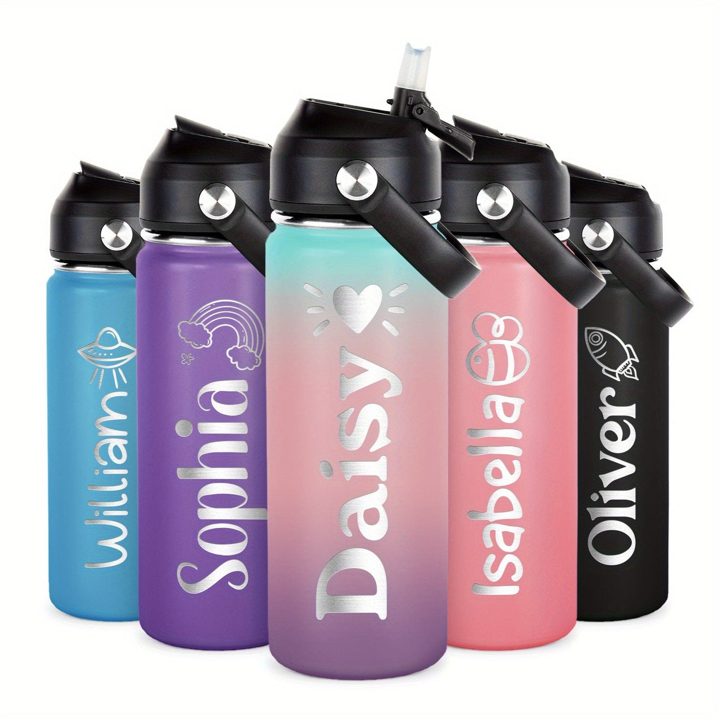 Personalized Kids Water Bottle - 18oz Stainless Steel Sports Flask with Custom Name, Double-Wall Vacuum Insulated, Straw Lid - Suitable for Children Ages 3-12