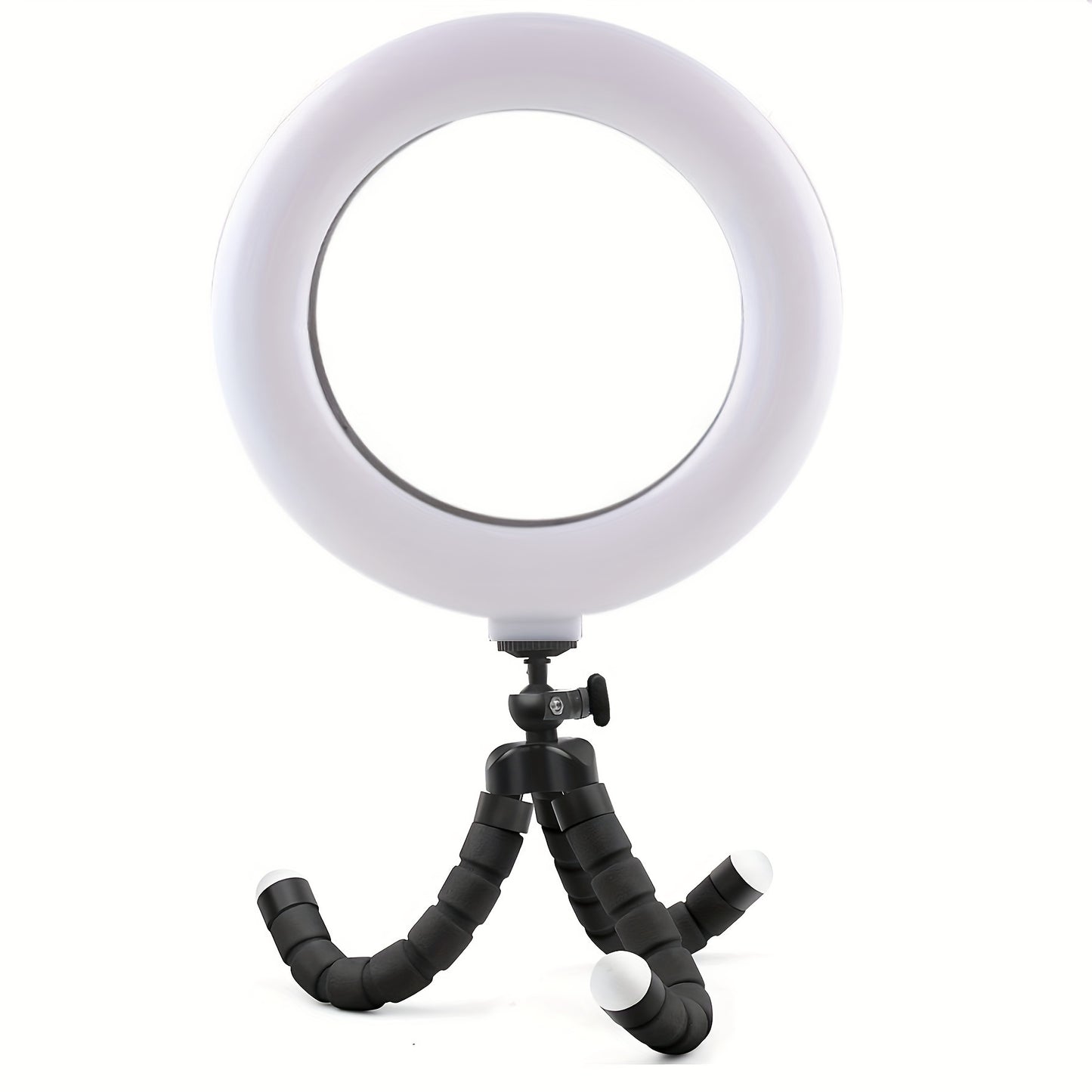 Adjustable LED ring light with USB power, flexible bracket, and 3 modes, 10 levels of brightness for smartphones and cameras.