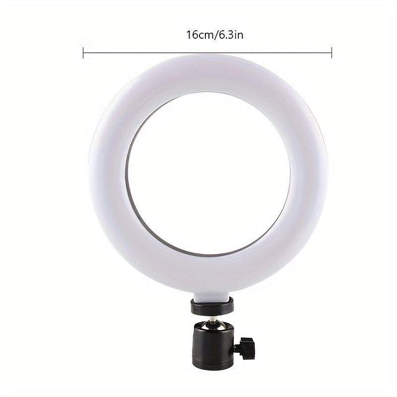 Adjustable LED ring light with USB power, flexible bracket, and 3 modes, 10 levels of brightness for smartphones and cameras.