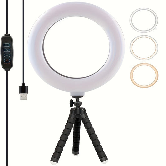 Adjustable LED ring light with USB power, flexible bracket, and 3 modes, 10 levels of brightness for smartphones and cameras.