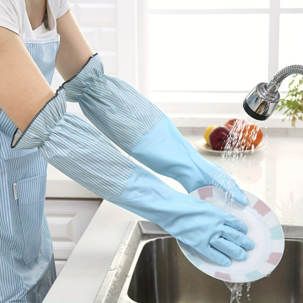 Pair of Long Velvet Household Cleaning Gloves - Waterproof, Durable for Kitchen and Laundry, Made with Lead-Free Material