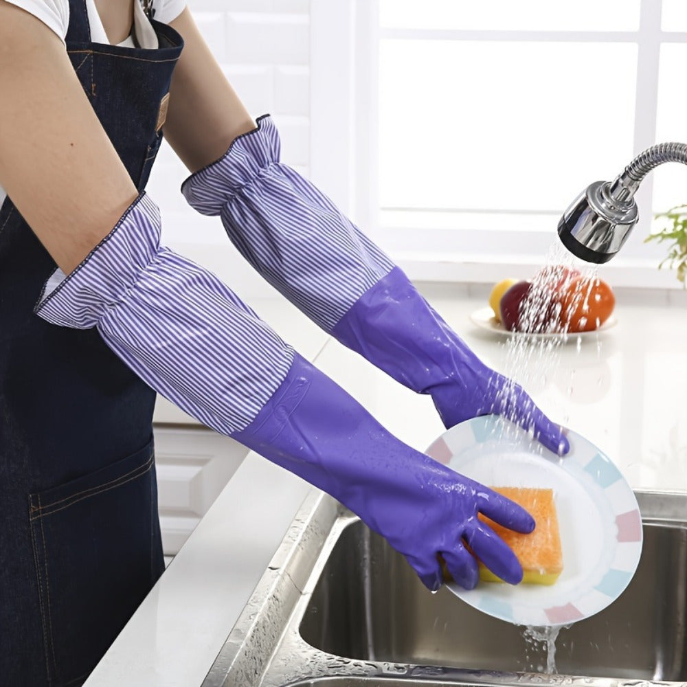 Pair of Long Velvet Household Cleaning Gloves - Waterproof, Durable for Kitchen and Laundry, Made with Lead-Free Material