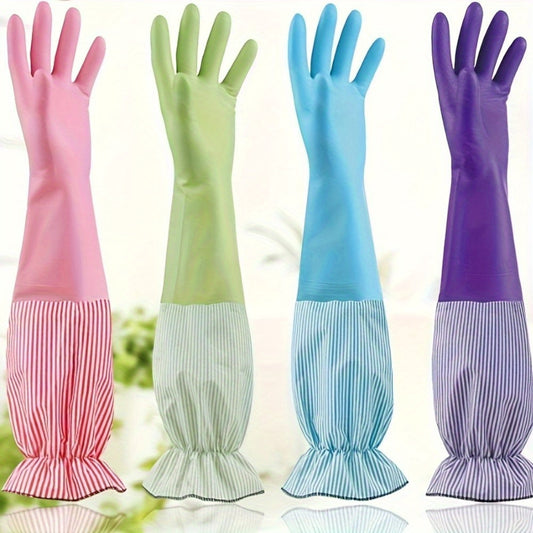 Pair of Long Velvet Household Cleaning Gloves - Waterproof, Durable for Kitchen and Laundry, Made with Lead-Free Material