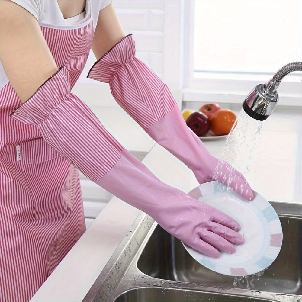 Pair of Long Velvet Household Cleaning Gloves - Waterproof, Durable for Kitchen and Laundry, Made with Lead-Free Material