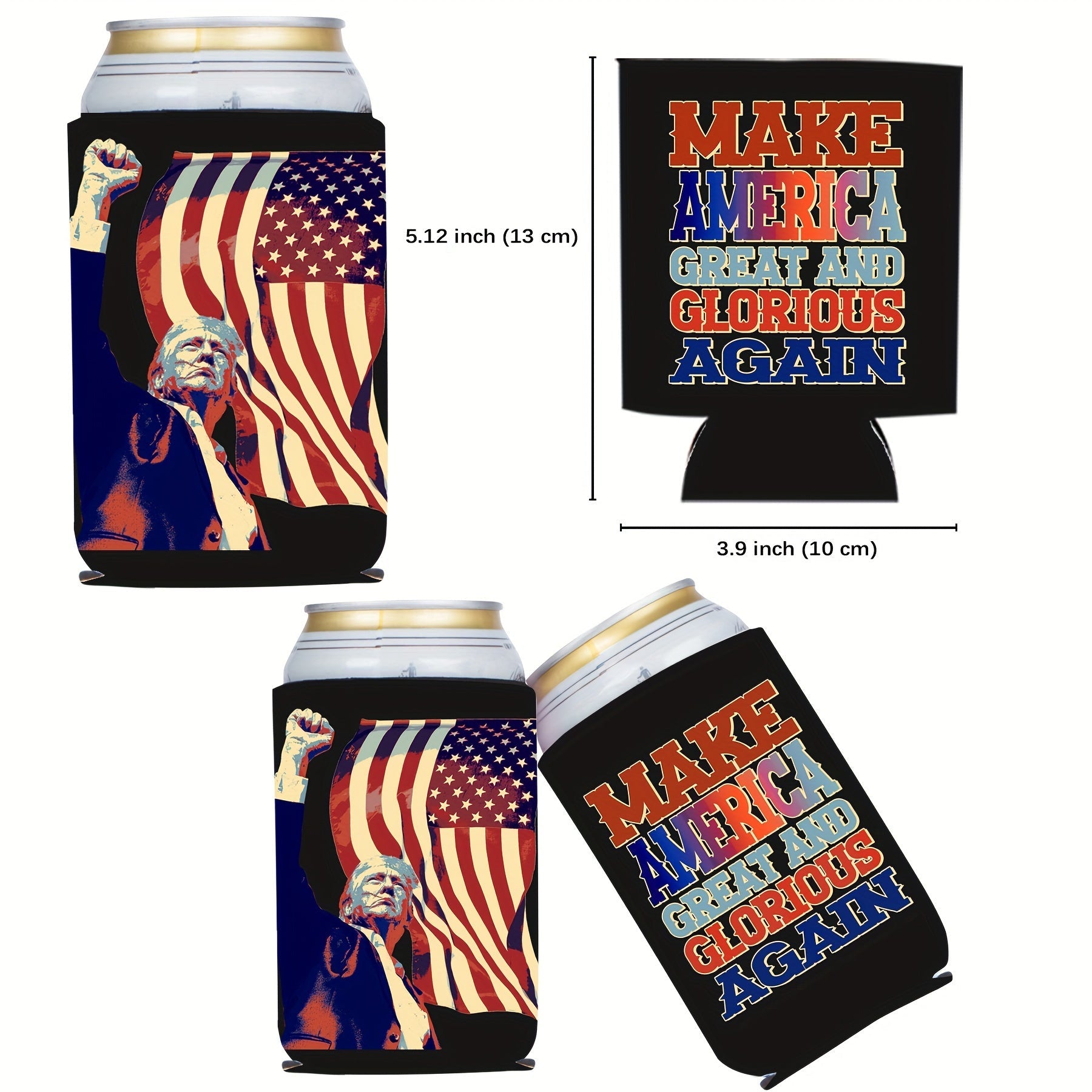 Trump Patriot Can Sleeve Set - Keep Your Drinks Cold and Show Your Support! Great for Beer and Soda, a must-have for Trump Fans. Ideal for gifting or party favors. Add some patriotic decor to your next event!