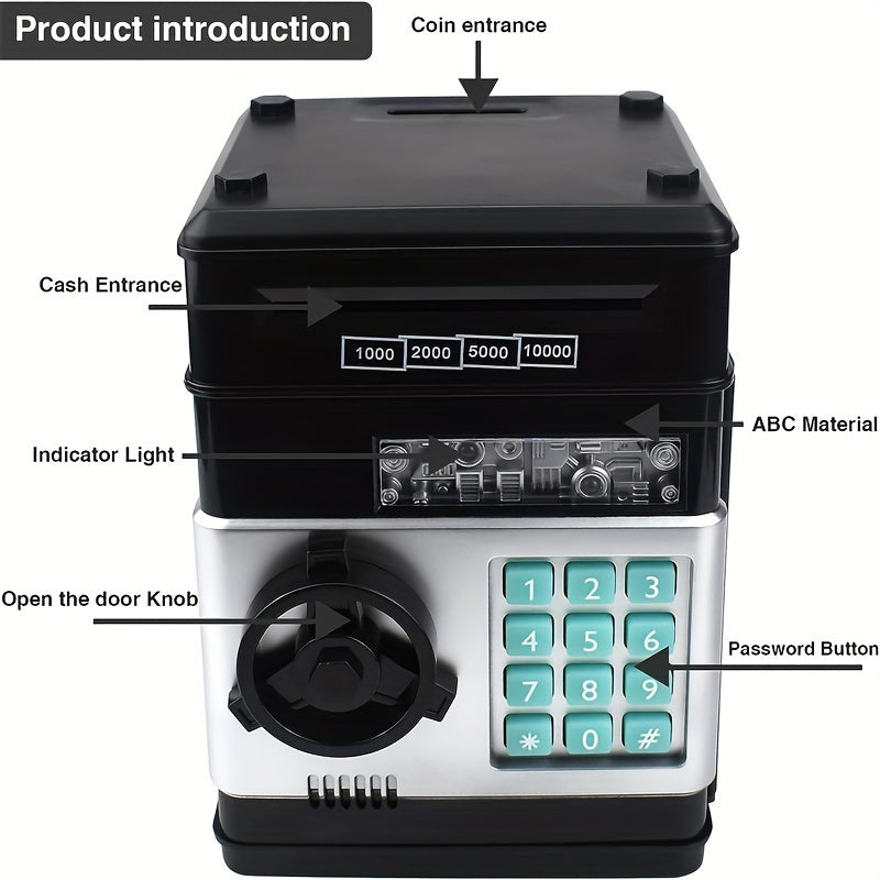 Kids' electronic piggy bank ATM with password lock, automatic currency and coin storage, black plastic toy.