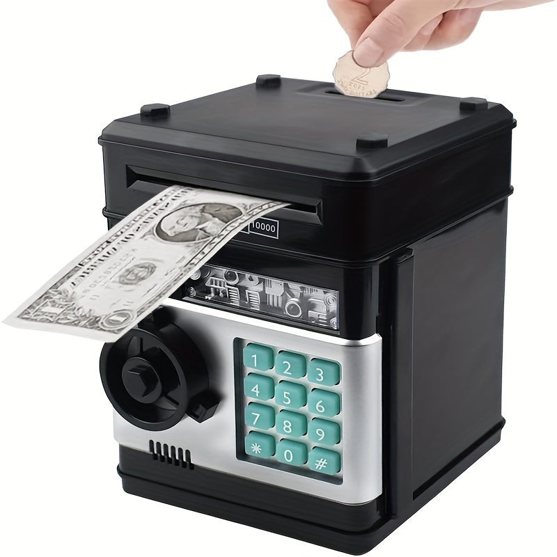 Kids' electronic piggy bank ATM with password lock, automatic currency and coin storage, black plastic toy.