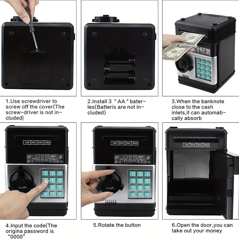 Kids' electronic piggy bank ATM with password lock, automatic currency and coin storage, black plastic toy.