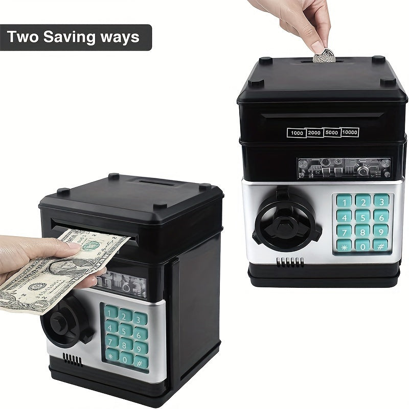 Kids' electronic piggy bank ATM with password lock, automatic currency and coin storage, black plastic toy.