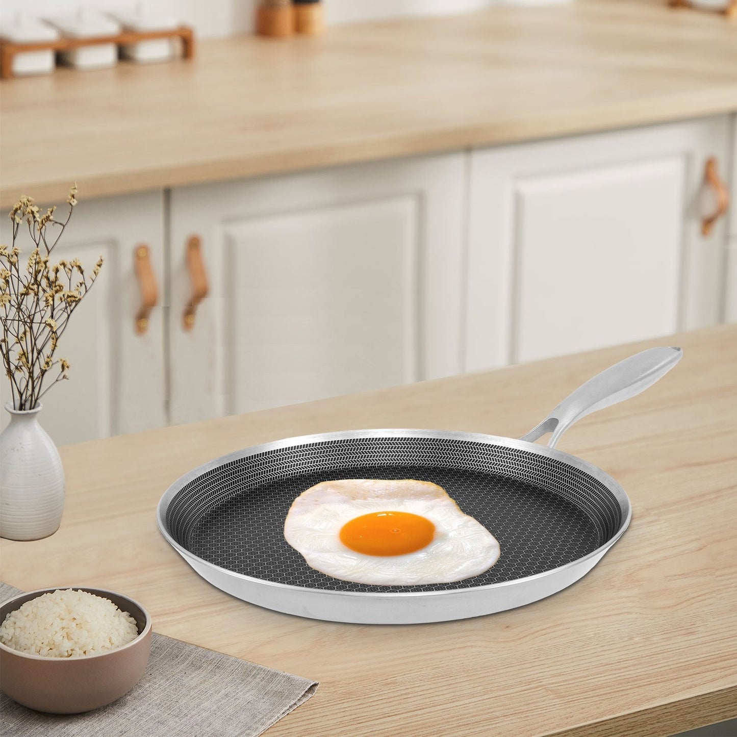 Nonstick Stainless Steel Honeycomb Crepe Pan with Induction Compatibility and Gas Stove Suitability - Features Ergonomic Handle and is Dishwasher Safe