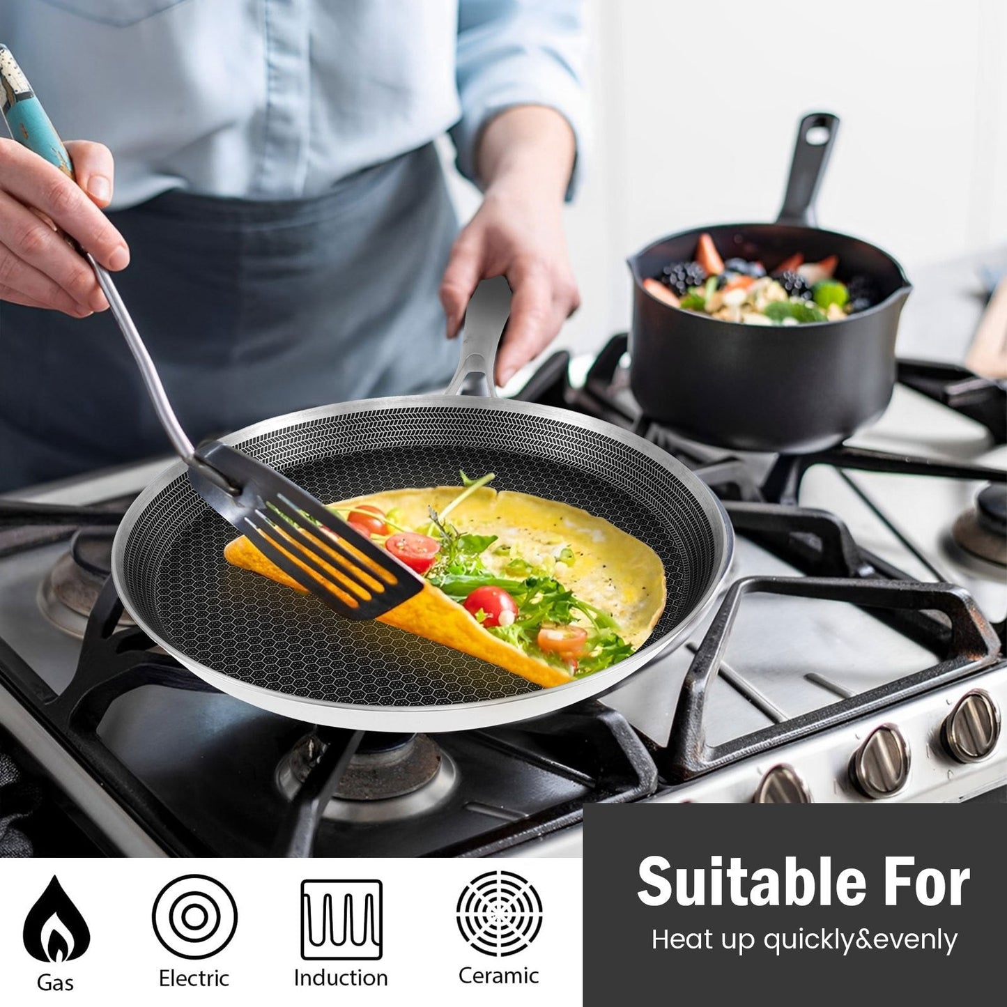 Nonstick Stainless Steel Honeycomb Crepe Pan with Induction Compatibility and Gas Stove Suitability - Features Ergonomic Handle and is Dishwasher Safe