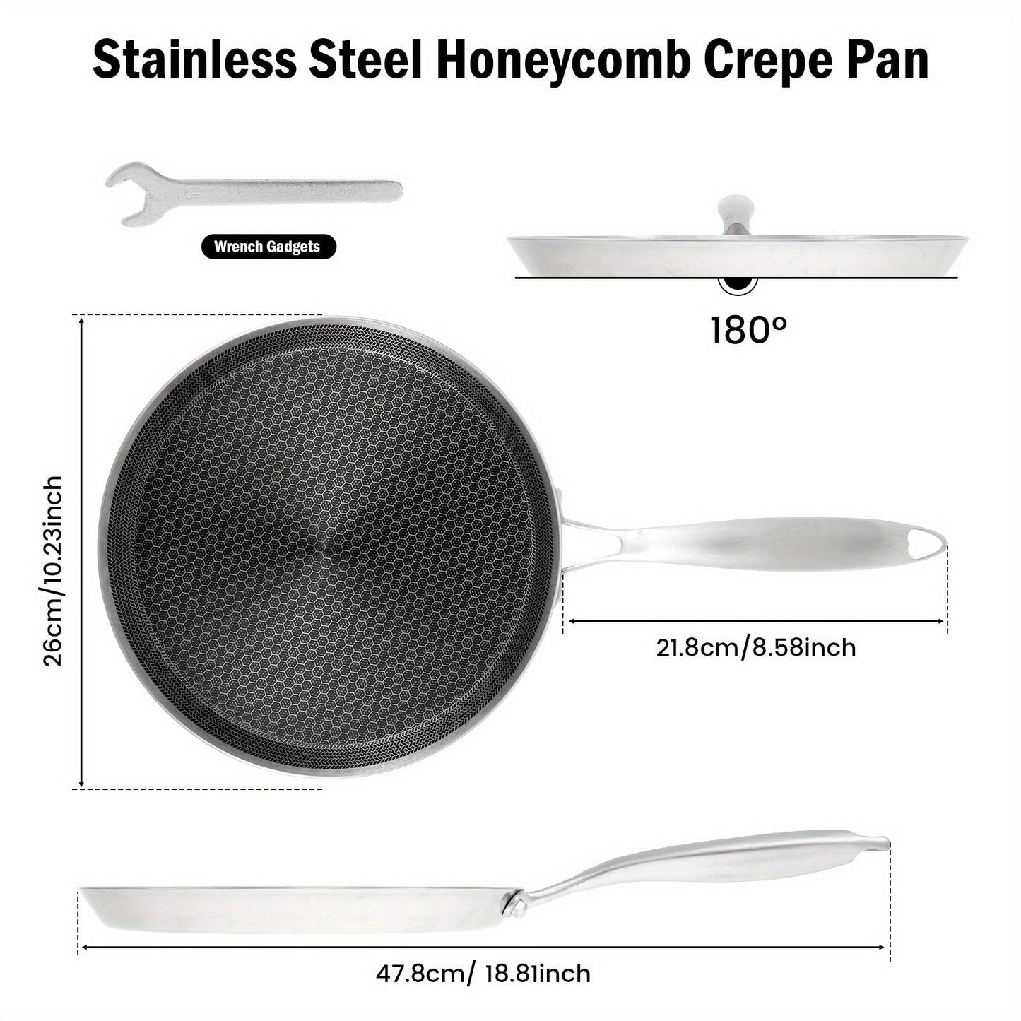 Nonstick Stainless Steel Honeycomb Crepe Pan with Induction Compatibility and Gas Stove Suitability - Features Ergonomic Handle and is Dishwasher Safe