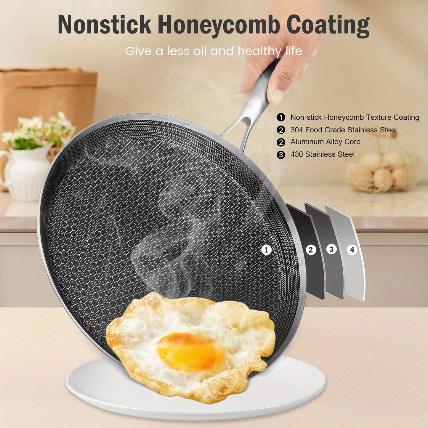 Nonstick Stainless Steel Honeycomb Crepe Pan with Induction Compatibility and Gas Stove Suitability - Features Ergonomic Handle and is Dishwasher Safe