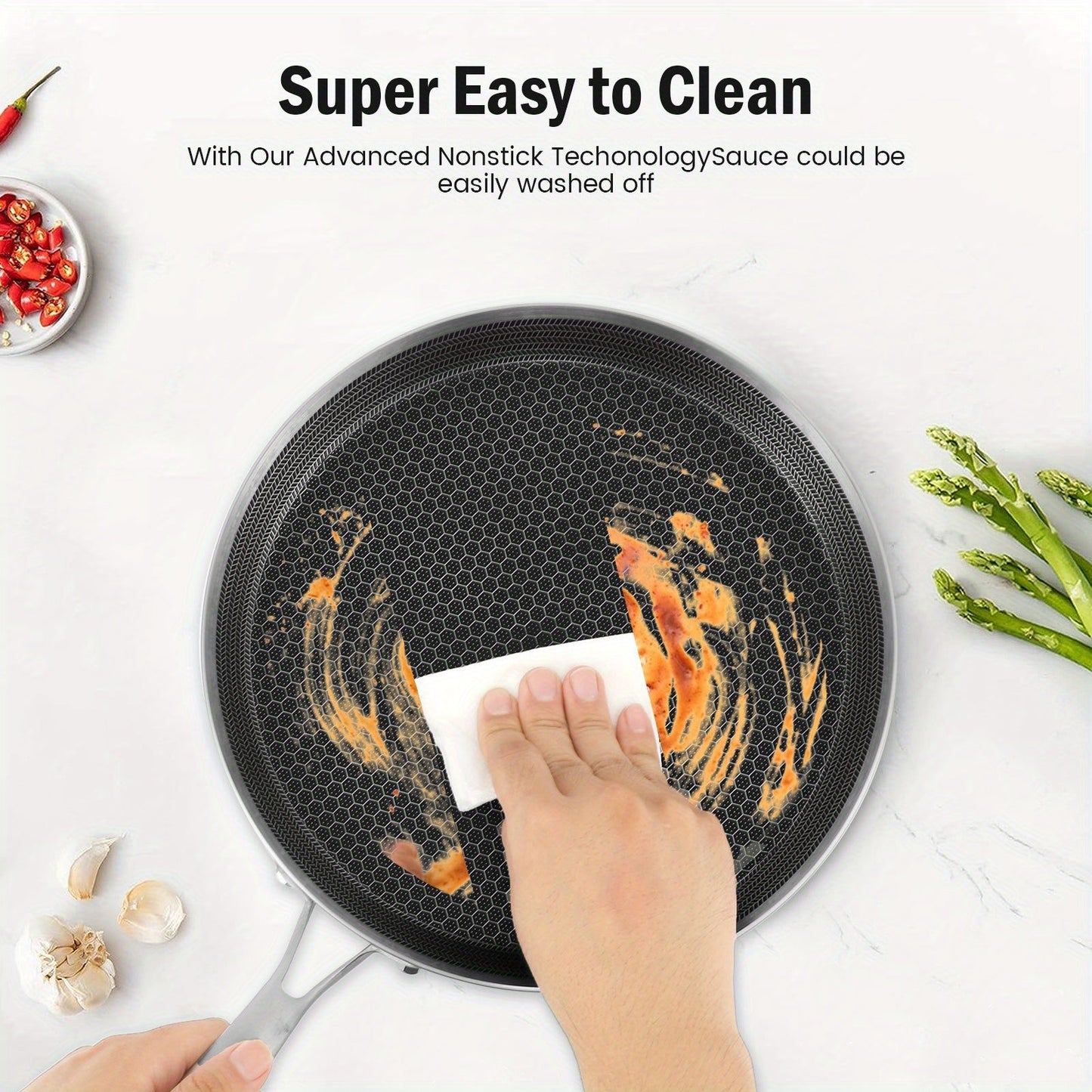 Nonstick Stainless Steel Honeycomb Crepe Pan with Induction Compatibility and Gas Stove Suitability - Features Ergonomic Handle and is Dishwasher Safe