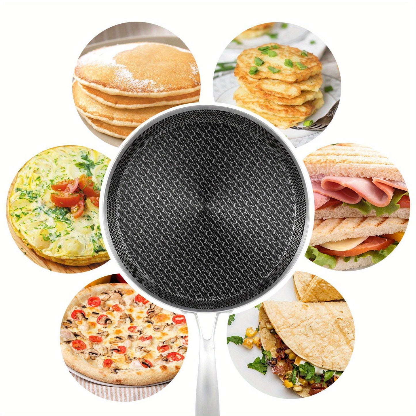 Nonstick Stainless Steel Honeycomb Crepe Pan with Induction Compatibility and Gas Stove Suitability - Features Ergonomic Handle and is Dishwasher Safe