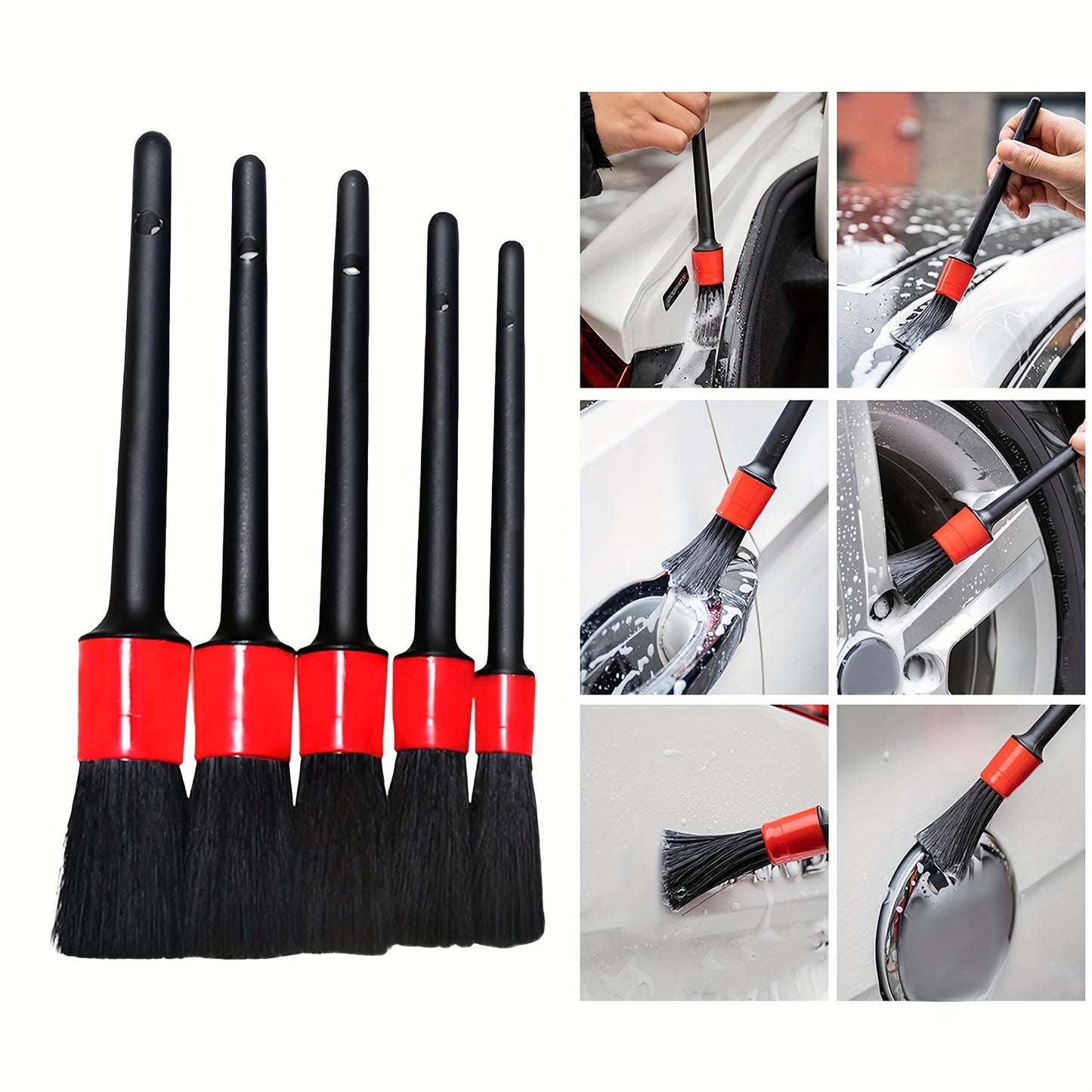 5-piece set of car detailing brushes for wheel, interior, dashboard, and air outlets.