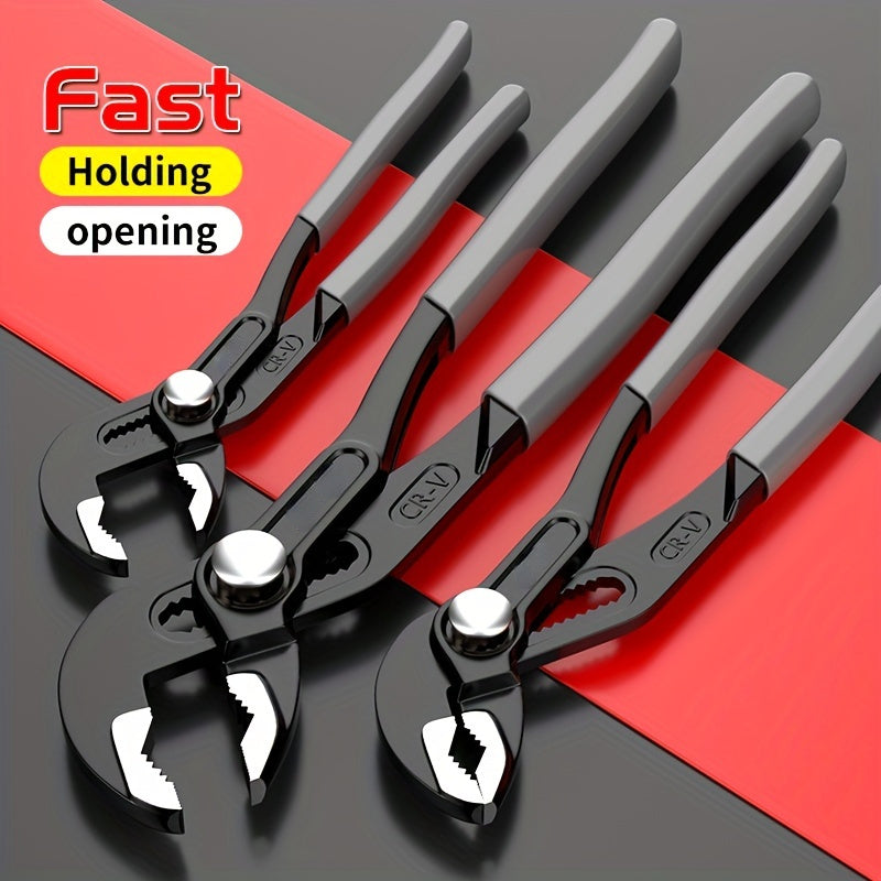 Durable water pump & wrench set for industrial use with chrome vanadium steel and large nose pliers.