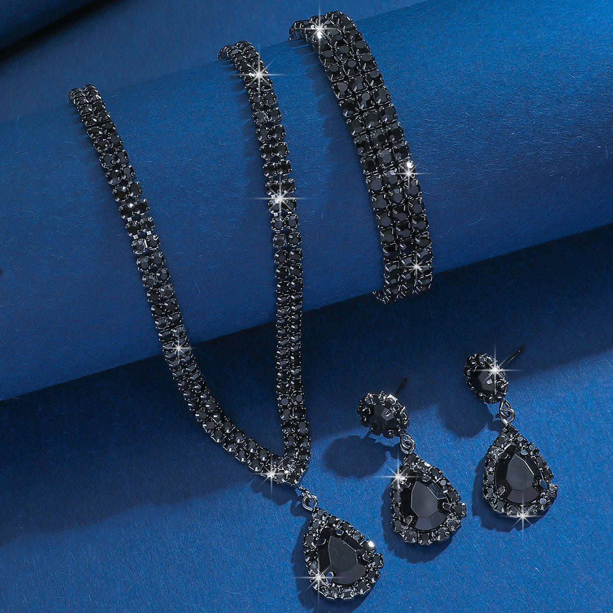 Women's Boho-Chic Black Rhinestone Teardrop Jewelry Set - includes Necklace, Earrings & Bracelet in Silvery Finish - Ideal for Weddings, Parties & Gifts, Bohemian Fashion Statement